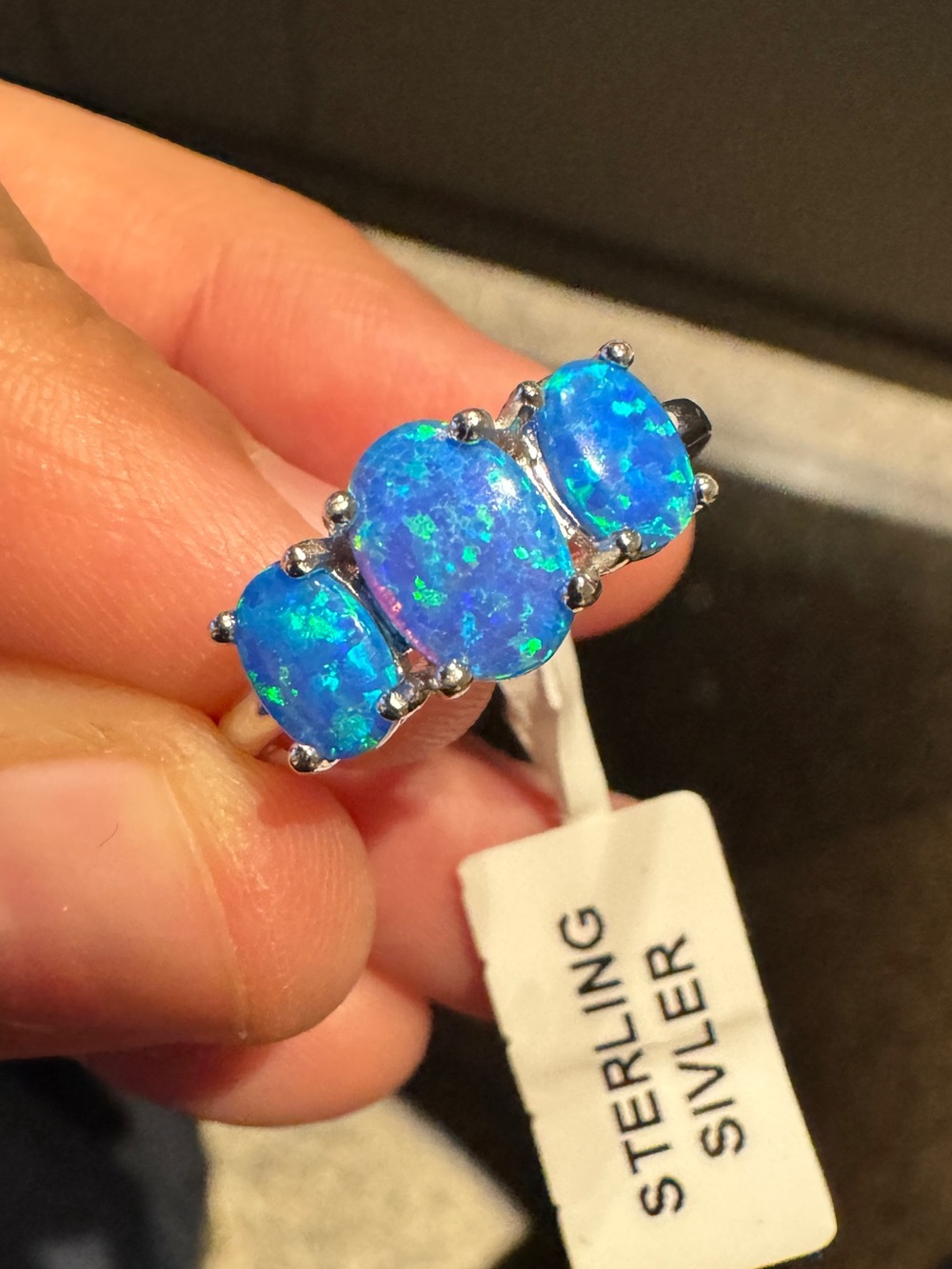 Sterling silver Blue Opal Triple-Stone Ring size